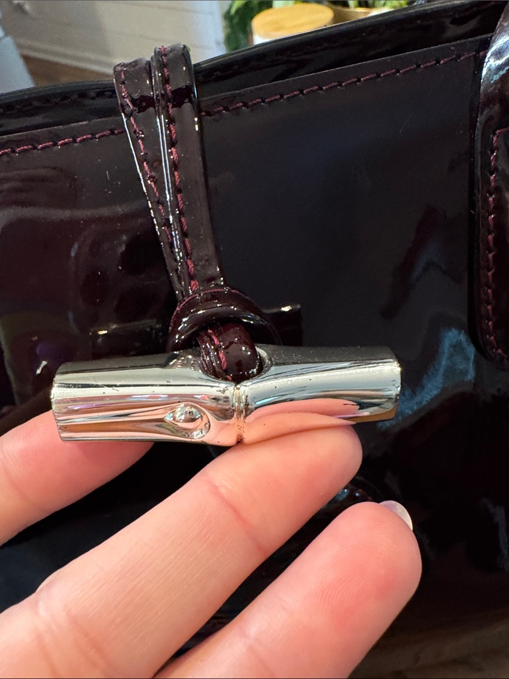 Longchamp Roseau Patent Leather Box Tote Bag in Black Currant Tortoise - Picture 7 of 16